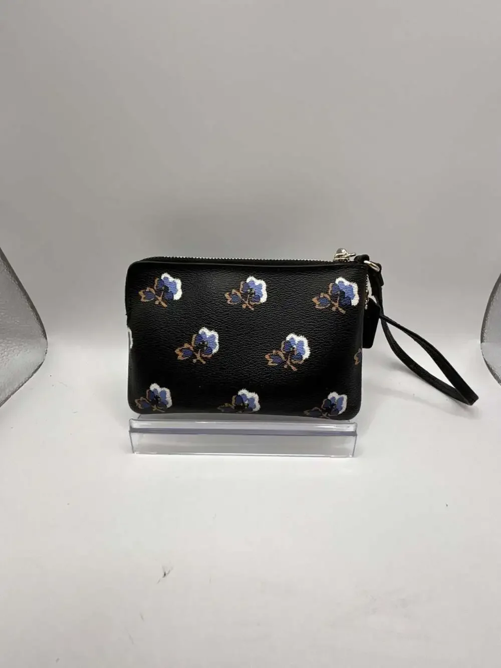 Coach Black Blue Floral Bramble Rose Print Leather Wristlet Pouch
